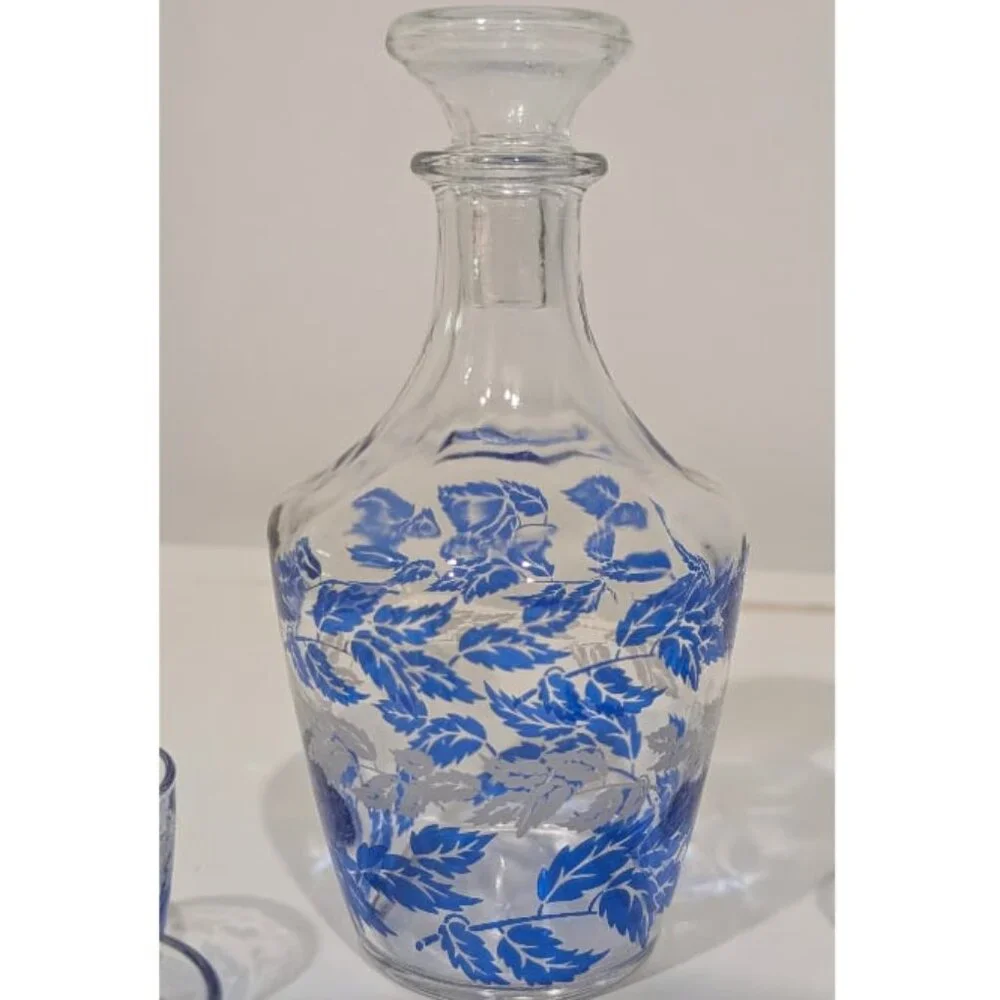Vintage MCM Blue Silver Leaf Cordial Decanter & Shot Glass Set Luminarc France
